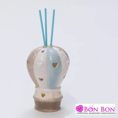 Bomboniera nascita e battesimo profumatore mongolfiera led porcellana celeste AD - 1