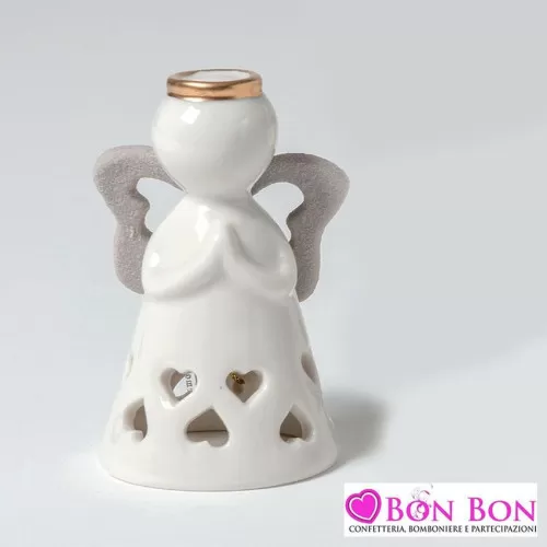 Bomboniera prima comunione campana angelo con ali tortora porcellana AD - 1