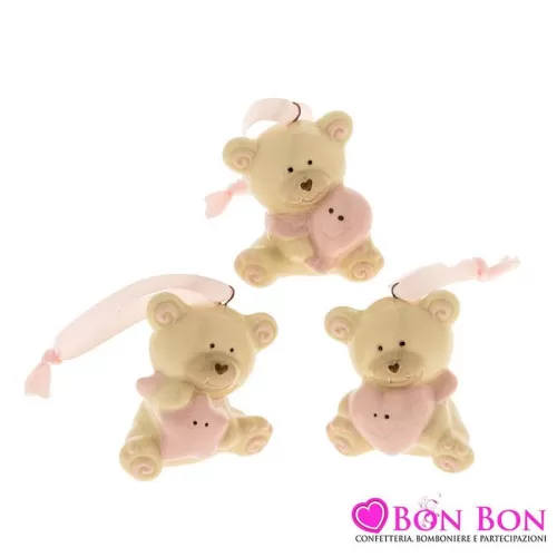 Bomboniera nascita e battesimo orsetto in porcellana beige e rosa ETM - 1