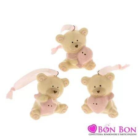 Bomboniera nascita e battesimo orsetto in porcellana beige e rosa ETM - 1