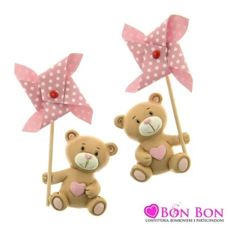 Bomboniera nascita e battesimo magnete orsetto rosa in resina con girella ETM - 1