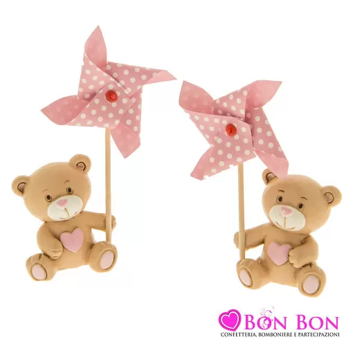 Bomboniera nascita e battesimo orsetto in resina con girella rosa ETM - 1