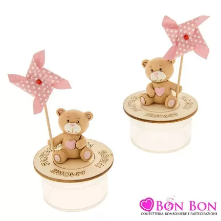 Scatolina nascita e battesimo in plexiglass con orsetto in resina e girellino rosa - 1