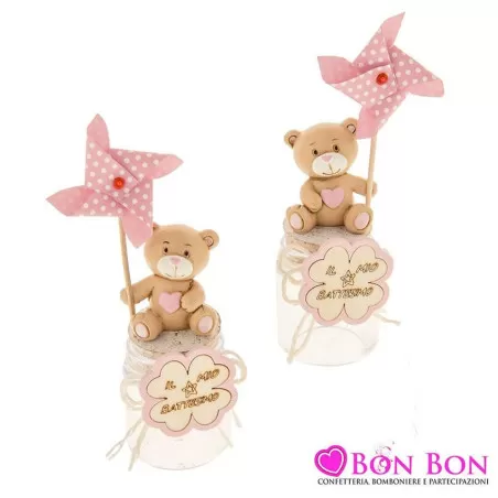 Scatolina nascita e battesimo barattolo con orsetto in resina e girellino rosa - 1