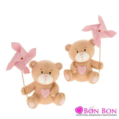 Bomboniera nascita e battesimo salvadanaio orso in resina con girella rosa ETM - 1