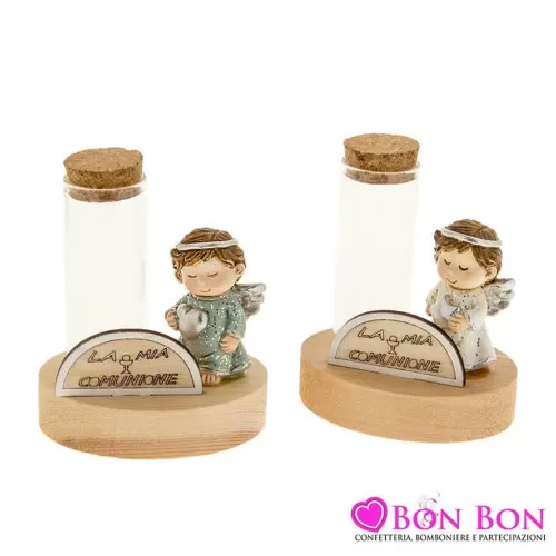 Bomboniera prima comunione angioletto glitterato con base in legno e provetta ETM - 1