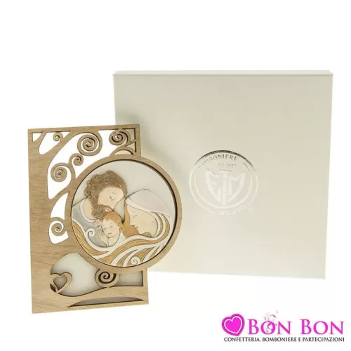 Bomboniera prima comunione icona in resina e legno lavorato con immagine sacra famiglia ETM - 1
