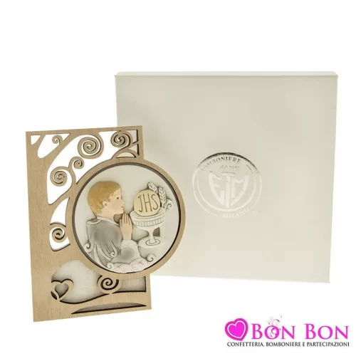 Bomboniera prima comunione icona in resina e legno lavorato bimbo prima comunione ETM - 1