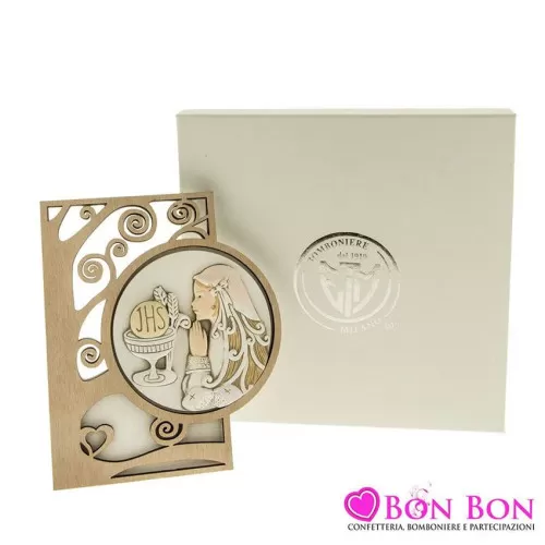 Bomboniera prima comunione icona in resina e legno lavorato bimba prima comunione ETM - 1