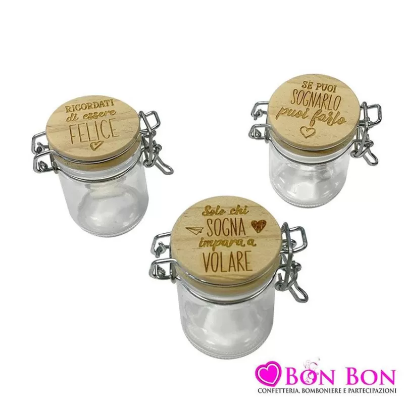 Astuccio e portaconfetti matrimonio barattolo ermetico con tappo in legno con frase - 1
