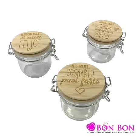 Astuccio e portaconfetti matrimonio barattolo ermetico con tappo in legno con frase h.8 - 1