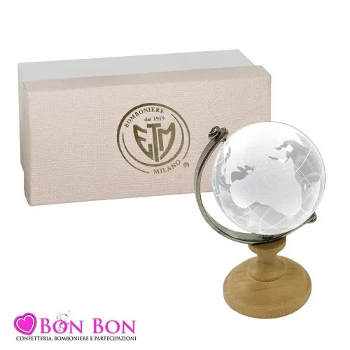 Bomboniera matrimonio mappamondo in cristallo con base in legno ETM - 1