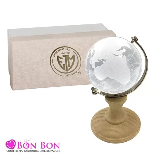 Bomboniera matrimonio mappamondo in cristallo con base in legno h.9 ETM - 1