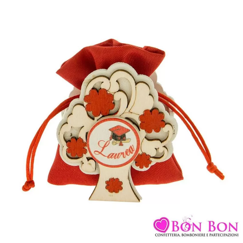 Porta confetti laurea scatolina albero in legno con sacchetto rosso ETM - 1