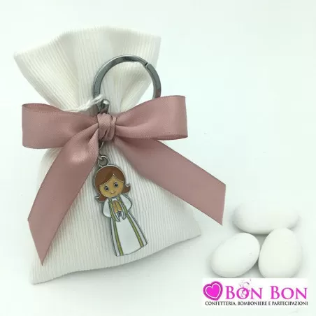 Sacchetto prima comunione ottomano panna con portachiavi bimba che prega Greenford - 1