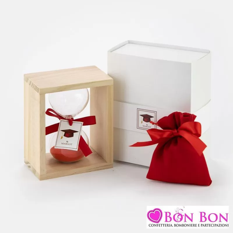 Bomboniera laurea clessidra rossa con legno inclusa di astuccio e sacchetto Margot - 1