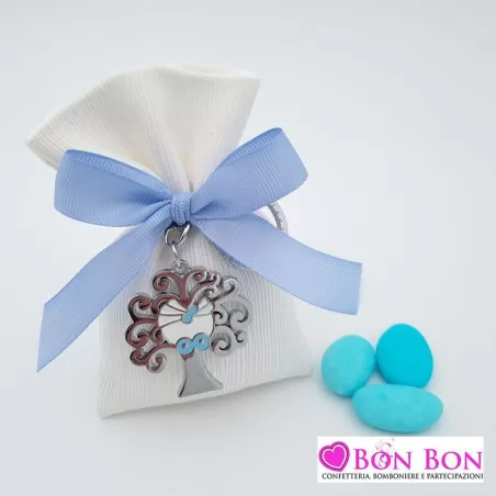 Sacchetto nascita e battesimo ottomano panna con portachiavi albero culletta celeste Greenford - 1