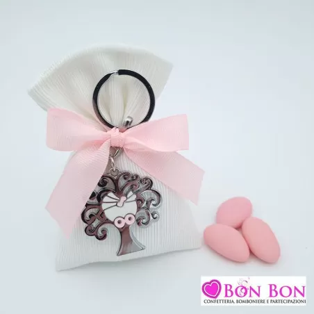 Sacchetto nascita e battesimo ottomano panna con portachiavi albero culletta rosa Greenford - 1
