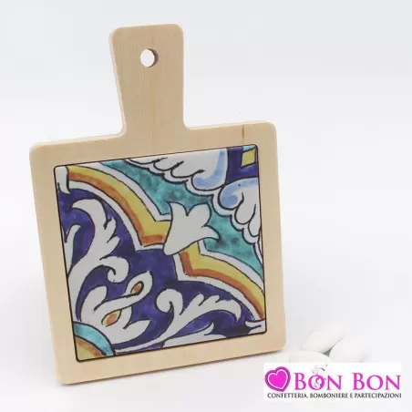 Bomboniera matrimonio siciliano tagliere con mattonella maioliche decorata - 1