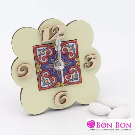Bomboniera matrimonio siciliano orologio con mattonella maiolica rossa e blu - 1