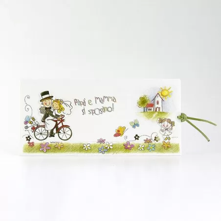 Partecipazione matrimonio coppia sposi in bici con bimba che annuncia 08904 Alessia Partecipazioni - 1