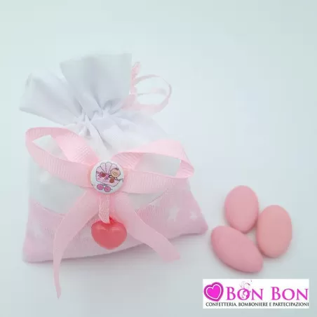 Sacchetto nascita e battesimo con cuore e bottone rosa - 1