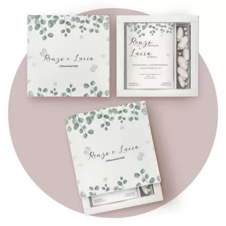 Partecipazione matrimonio scatola porta confetti, tema eucalipto Ferdinando Fam - 1