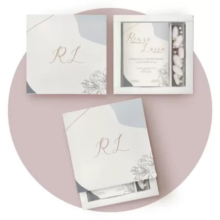 Partecipazione matrimonio scatola porta confetti, minimal flower blu Ferdinando Fam - 1