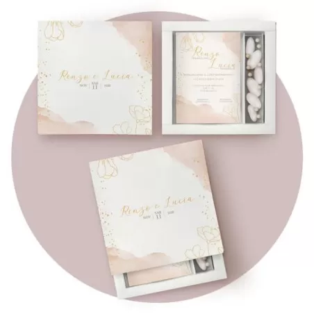 Partecipazione matrimonio scatola porta confetti, tema rosa e fiori oro Ferdinando Fam - 1