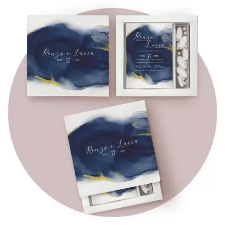 Partecipazione matrimonio scatola porta confetti, acquerello blu e oro Ferdinando Fam - 1