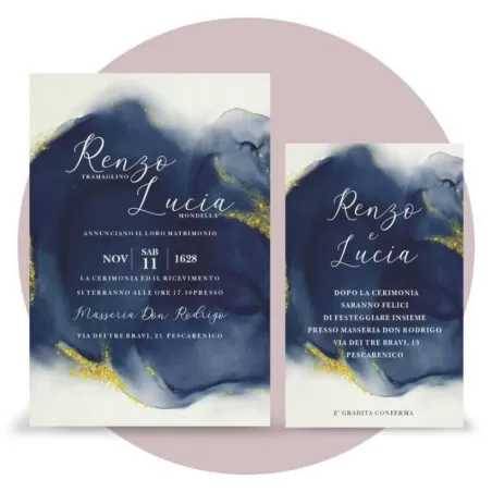 Partecipazione matrimonio scatola porta confetti, acquerello blu e oro Ferdinando Fam - 2