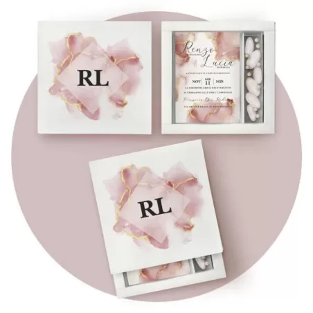 Partecipazione matrimonio scatola porta confetti, marmo rosa Ferdinando Fam - 1