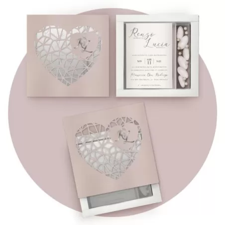 Partecipazione scatola lavorata a laser, con scomparto porta confetti realizzabile in vari colori floveboxlas02 Ferdinando Fam -