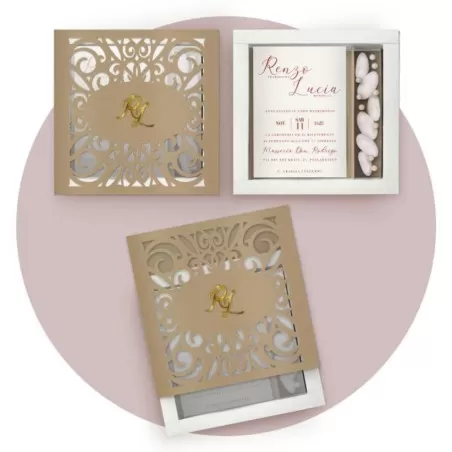 Partecipazione scatola lavorata a laser, con scomparto porta confetti realizzabile in vari colori floveboxlas03 Ferdinando Fam -