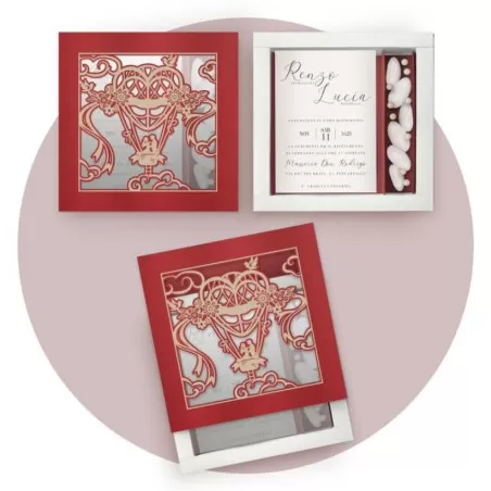 Partecipazione scatola lavorata a laser, con scomparto porta confetti realizzabile in vari colori floveboxlas04 Ferdinando Fam -