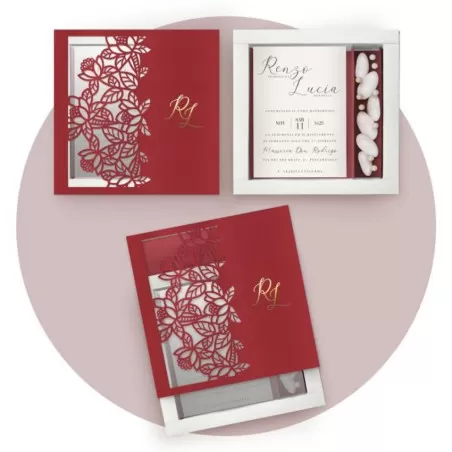 Partecipazione scatola lavorata a laser, con scomparto porta confetti realizzabile in vari colori floveboxlas05 Ferdinando Fam -