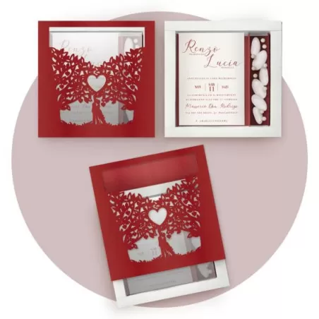 Partecipazione scatola lavorata a laser, con scomparto porta confetti realizzabile in vari colori floveboxlas06 Ferdinando Fam -