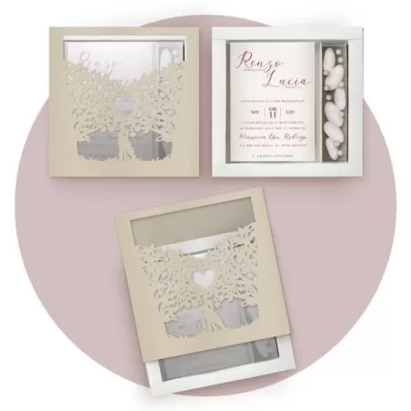 Partecipazione scatola lavorata a laser, con scomparto porta confetti realizzabile in vari colori floveboxlas06 Ferdinando Fam -