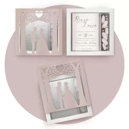 Partecipazione scatola lavorata a laser, con scomparto porta confetti realizzabile in vari colori floveboxlas08 Ferdinando Fam -