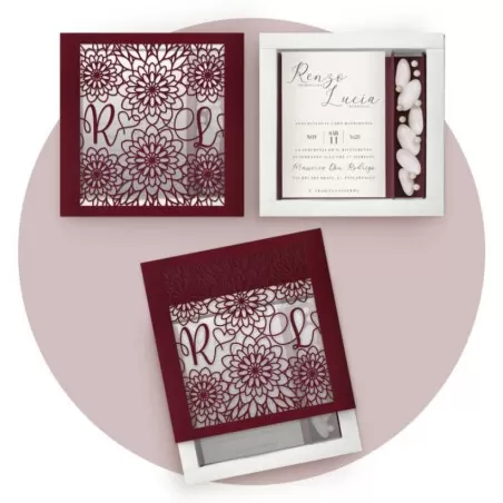 Partecipazione scatola lavorata a laser, con scomparto porta confetti realizzabile in vari colori floveboxlas09 Ferdinando Fam -