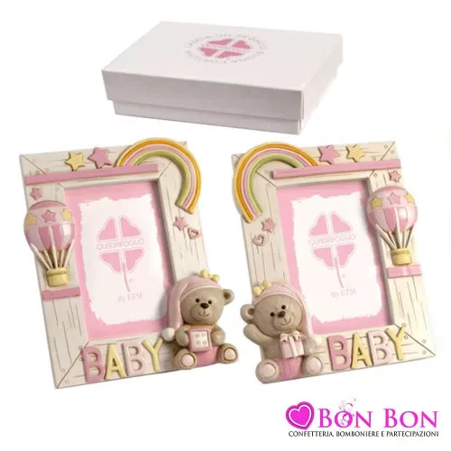 Bomboniera nascita e battesimo portafoto orsetto e mongolfiera rosa Quadrifoglio - 1