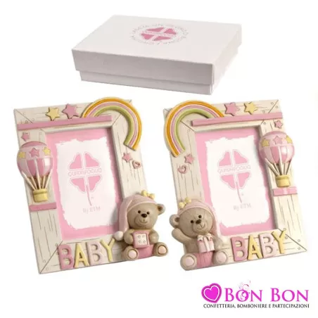 Bomboniera nascita e battesimo portafoto orsetto e mongolfiera rosa Quadrifoglio - 1