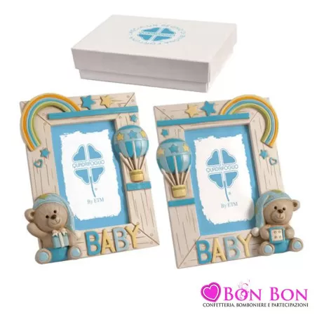 Bomboniera nascita e battesimo portafoto orsetto e mongolfiera celeste Quadrifoglio - 1