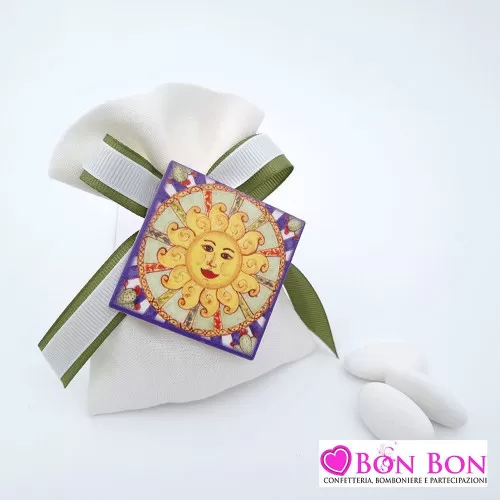 Sacchetto matrimonio tema siciliano in lino panna con mattonella sole Liete Creazioni - 1