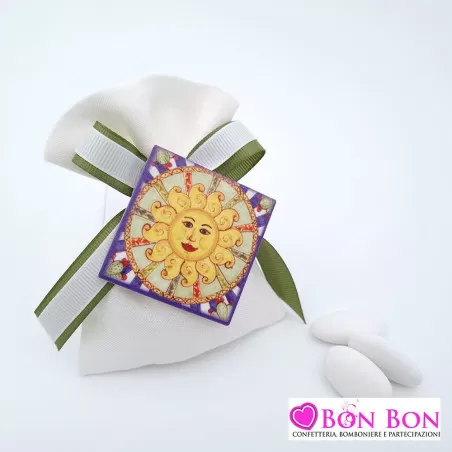 Sacchetto matrimonio tema siciliano in lino panna con mattonella sole Liete Creazioni - 1