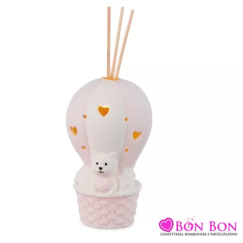 Bomboniera nascita e battesimo profumatore orsetto con mongolfiera rosa Ilary Queen - 1