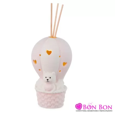 Bomboniera nascita e battesimo profumatore orsetto con mongolfiera rosa Ilary Queen - 1