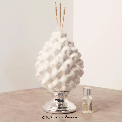 Bomboniera matrimonio claraluna 2023 profumatore pigna bianca con piede argento grande Claraluna - 1