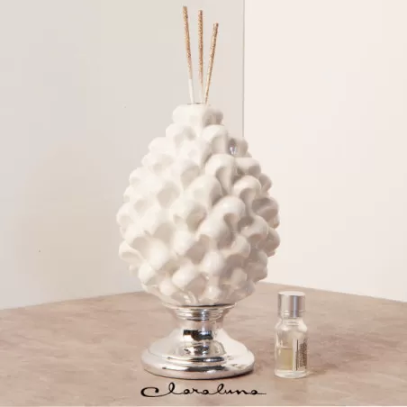 Bomboniera matrimonio claraluna 2023 profumatore pigna bianca con piede argento grande Claraluna - 1