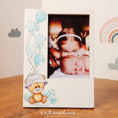 Bomboniera nascita e battesimo portafoto orsetto celeste Claraluna - 1